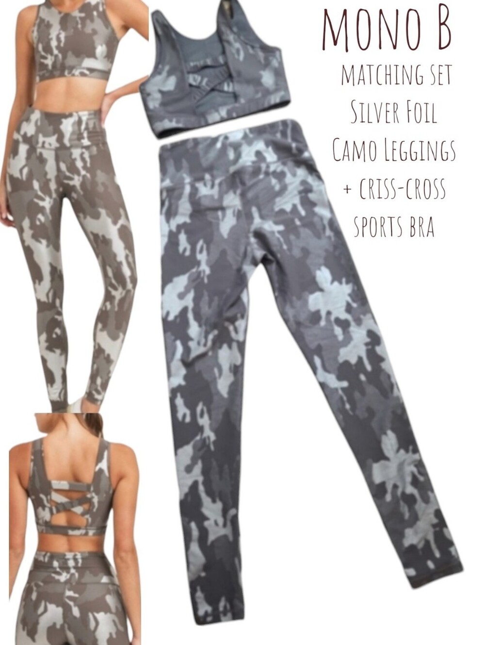 mono B Women's matching set Silver Foil Camo Leggings + criss-cross sports bra M